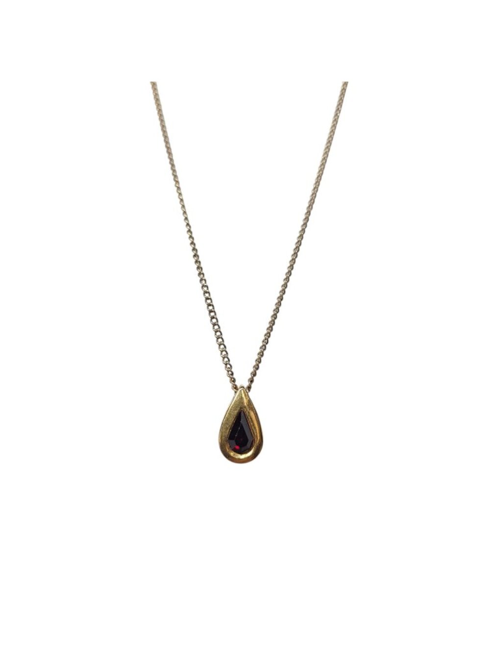 Vtg Avon Gold Tone Teardrop Gemstone Pendant Necklace Red Garnet Glass Solitaire